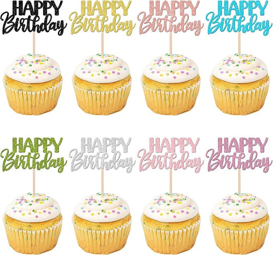 32 PCS Happy Birthday Cupcake Toppers Glitter Happy Birthday Cupcake Picks for Celebrating Birthday Anniversary Theme Party Cake Decorations Supplies Mixed 8 Colors