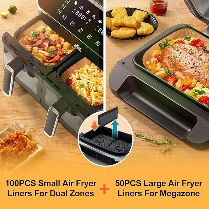 150Pcs Air Fryer Liners Disposable for Ninja Foodi DZ071 7-QT/11-QT/Instant 9 QT DualZone FlexBasket Air Fryer, 100Pcs Small Airfryer Liners For DualZone FlexBasket & 50Pcs Large Paper for Megazone