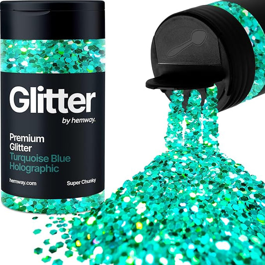 Hemway Premium Glitter Shaker - Turquoise Blue Holographic | 115g Super Chunky Metallic Flake Sequins for Resin & Epoxy Crafts | Craft Supplies for Tumblers, Festival, Art