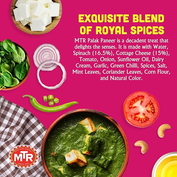 MTR - Minute Meals: Palak Paneer - Spiced Spinach Gravy with Cottage Cheese - Tasty Indian Meal with No Added Preservatives - A Quick Meal Suitable for Vegetarians, Ready in Minutes! (Pack of 6)