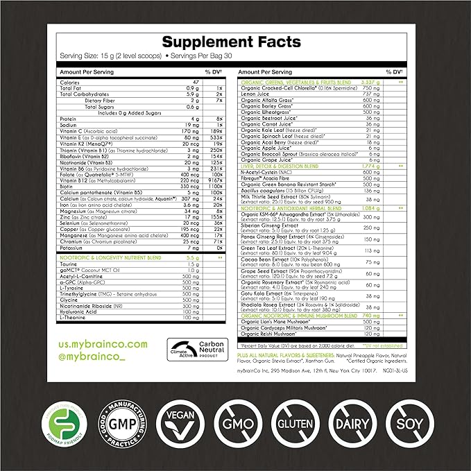 Nootropic Greens - Premium All-in-One Body, Brain & Longevity Optimization Nutrition. Organic Greens & Superfoods, Alpha-GPC, L-Theanine, Lion?™s Mane, TMG, NR, NAC & More. (15.9 oz)
