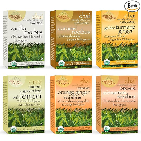 Uncle Lee’s Imperial Organic Chai Variety 6-Pack – Assortment of Chai Tea Bags, 5 Caffeine-Free Varieties + Caffeinated Green Tea with Lemon, 18 Count Ea (108 tea bags)