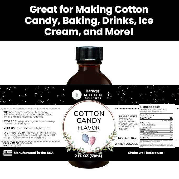 Cotton Candy Flavoring Extract - 2 oz - Water-Soluble - By Harvest Moon Delights - Cotton Candy Extract for Baking, Ice Cream, Drinks, and Candy - Flavor - Sugar Free