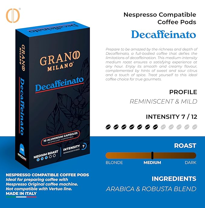 Grano MIlano Decaffeinato - 50 Aluminium Coffee Pods Compatible with Nespresso Original line - Intensity 7, Medium Roast Coffee Capsules Made in Italy