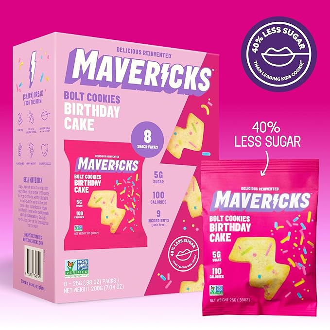 Mavericks Birthday Cake Bolt Cookies - Plant-Based Birthday Cake Confetti Cookies, Egg-Free, Nut-Free, Plant-Based Dessert for Kids - Back to School - 6 Boxes (48 Pouches)