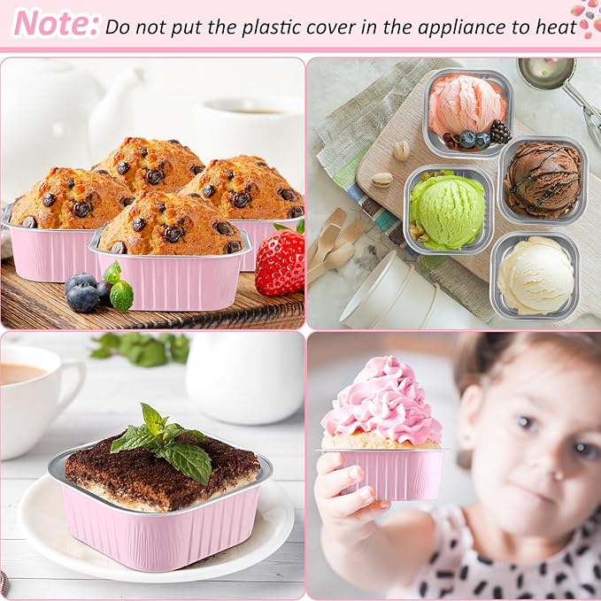 Aoriher 300 Pieces 10 oz Mini Cake Pans with Lids, Aluminum Foil Baking Cups, Square Disposable Cupcake Cups Baking Tins for Wedding Birthday Party Supplies(Pink)