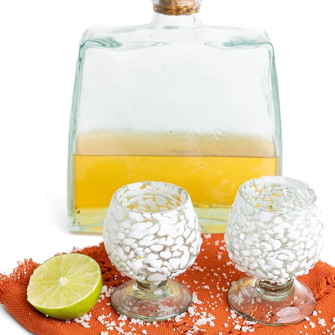 Authentic Mexican Tequila Hand Blown Shot Glasses - Set of 4-2 oz - Mini Glass Snifters - Heavy Base - Cognac (White Confetti)