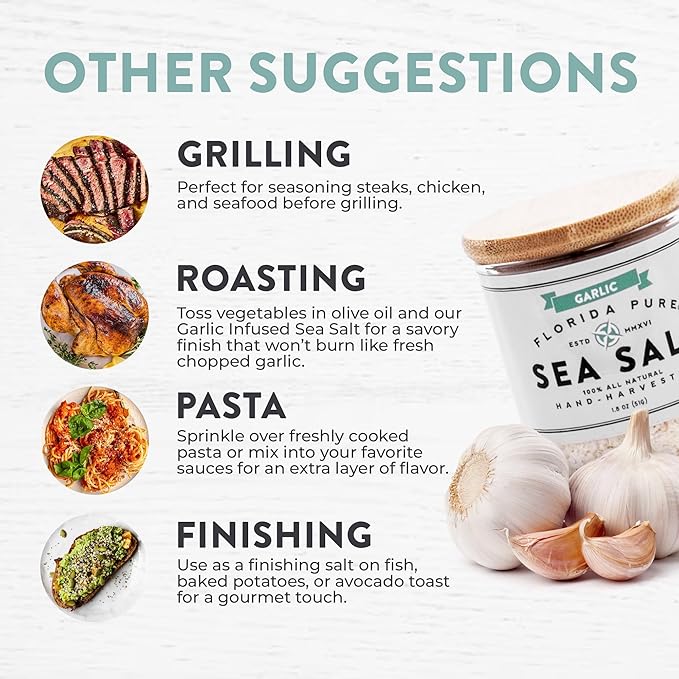 FLORIDA PURE Garlic Sea Salt 80+ Mineral Sea Salt Unrefined Garlic Salt, Non Iodized, Natural Sea Salt for Baking, Cooking, Seasoning & Enhancing Taste, Rich in Taste Flaky Sea Salt (1.8 oz Jar)