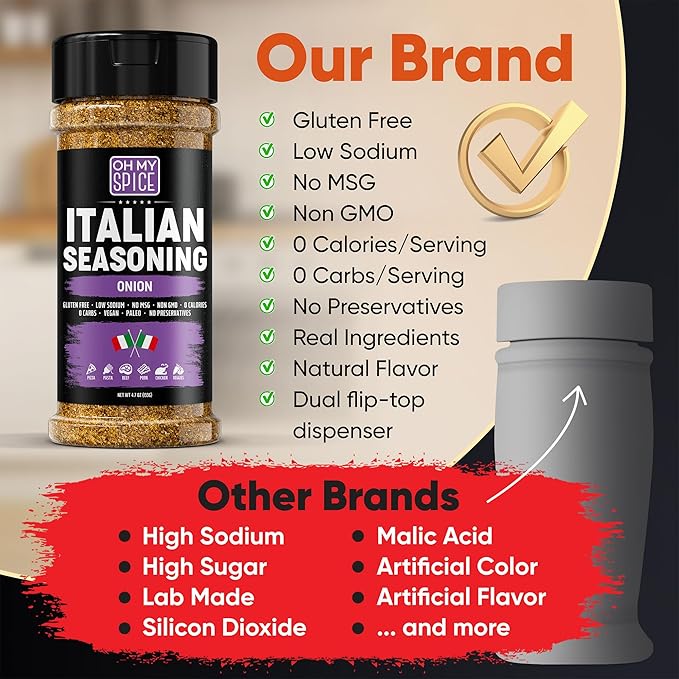 Italian Seasoning Blend Onion Powder Mix - Gluten Free & Low Sodium Pizza Seasoning for Bruschetta & Spaghetti. Mediterranean Sweet Onion Herbs for Italian Food. Sausage & Pizza Toppings Spices. 4.7oz