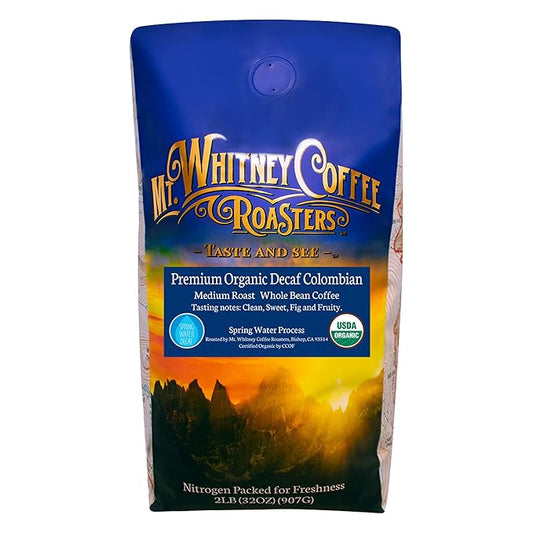 Mt. Whitney Premium Organic Spring Water Colombian, Low Acid, Decaf Coffee (Whole Bean, 2 Lb)