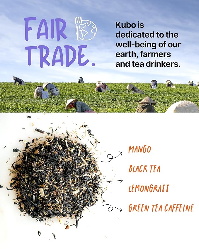 Kubo Tea Lemon Mango Black Tea - Organic High Caffeine Energy Blend - 20 Pyramid Tea Bags (155mg Caffeine each) - Healthy Sugar Free Coffee Substitute for Hot and Iced Drinks - Biodegradable Packaging