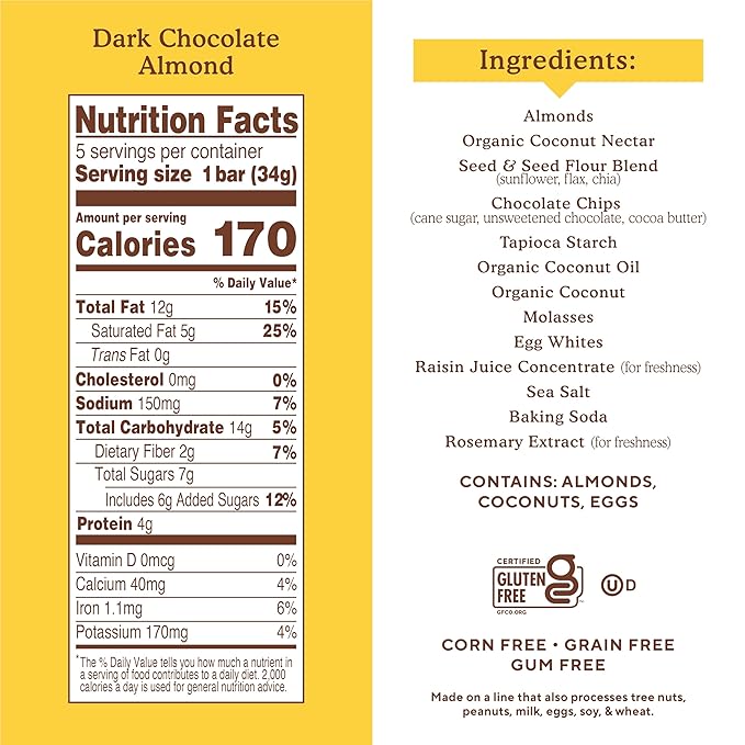 Simple Mills Almond Flour Snack Bars, Dark Chocolate Almond - Gluten Free, Made with Organic Coconut Oil, Breakfast Bars, Healthy Snacks, Paleo Friendly, 6 Ounce (Pack of 3)