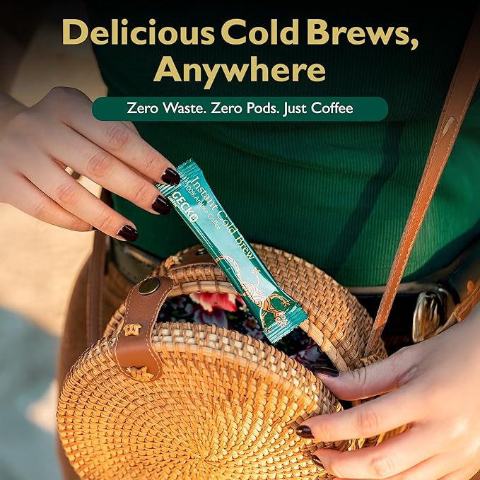 Gecko Coffee Instant Cold Brew, Craft Instant Coffee Sticks, 100% Arabica Medium-Dark Roast, Coffee Singles Packets, Smooth & Rich, Hot or Iced, Sugar-Free, Eco-Friendly, 25 Count