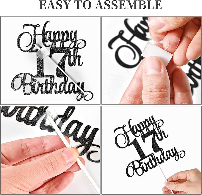 17th Birthday Cake Decorations, 17th Birthday Candles Cake Numeral Candles and Glitter Happy 17th Birthday Cake Toppers Set for Birthday Party Supplies (Black)