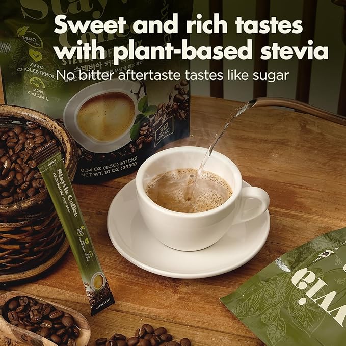 STAYVIA COFFEE Stevia Instant Coffee Packets - Korean Instant Latte with Sugar-Free & Low Calories - 30 Sticks (0.33oz) - Plant-Based Sweetener - Enjoy Caffeine Hot & Cold at Office, Home & Travel
