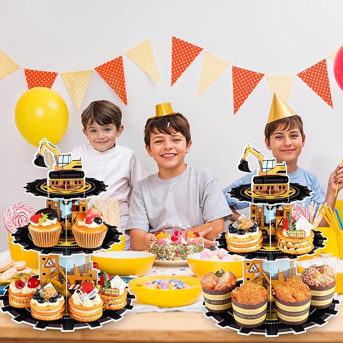2 Pack Construction Cupcake Stand Construction Party Decorations 3 Tier Construction Cupcake Holder Dessert Stand for Boys Kids Baby Shower Birthday Party Supplies