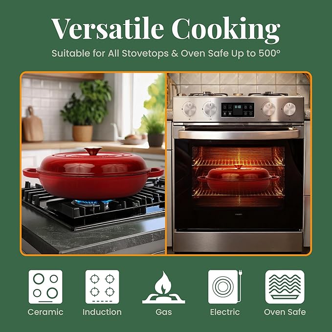 Larder & Vine Enameled Cast Iron Braiser | 3.6 qt Braiser Pan with Lid | Shallow Dutch Oven Compatible on All Cooktops | Casserole Dish Oven Safe to 500ì§?F | Dual Handles | Cabernet