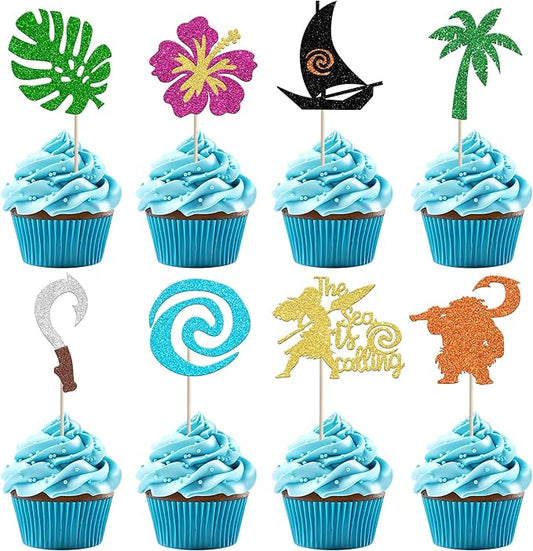 24 Pack Moana Cupcake Toppers Glitter Palm Leaf Moana Cupcake Picks The Sea is Calling Hawaiian Tropical Cake Decorations for Luau Summer Baby Shower Birthday Wedding Party Supplies