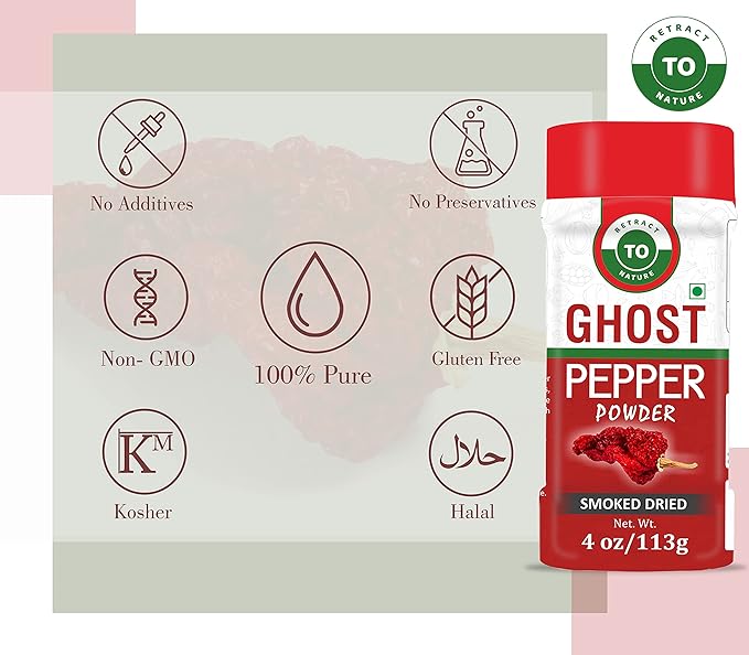 Ghost Pepper Powder (Bhut Jolokia Chili) ??4 oz/113 gm, 100% Pure, Smoked, Hottest & Spicy Chili Powder, Add Unique, Delicious, Complex and Smoky Flavor to Your Favorite Dishes