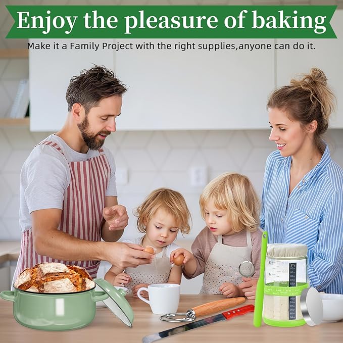 Sourdough Bread Baking Supplies with Pot, Complete Sourdough Starter Kit with Scale, 4 Bread Proofing Basket, 1200ml Starter Jar, Scraper, Bread Making Tools & More (Green)