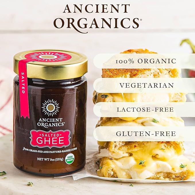 Ancient Organics Salted Ghee - Organic Grass Fed Ghee Butter, Gluten Free, Clarified Butter, Vitamins & Omegas, Lactose Reduced, Kosher, USDA Certified - 9 Oz (Pack of 1)