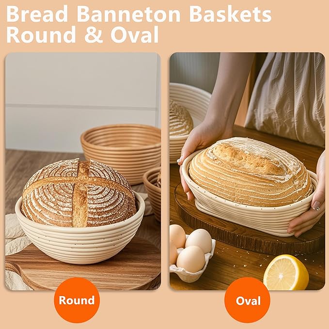 Banneton Bread Proofing Basket Set, 9 Inch Round & 10 Inch Oval Sourdough Bread Baking Supplies - Complete Bread Proofing Basket Kit for Home and Commercial Use, With Gift Box