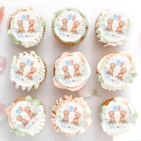 40Pcs Edible Gender Reveal Bear Cupcake Toppers Wafer Paper Boy or Girl Baby Shower Cake Decorative Supplies Jungle Animal Theme Birthday Party Cake Decorative Supplies
