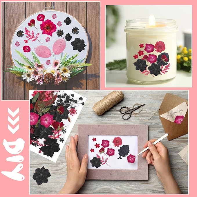 Nuanchu Pressed Flowers Bulk Dried Flower for Crafts, Dried Wildflowers Leave Natural with Tweezer for Resin Mold Scrapbooking Nail Soap Making DIY(Stylish Style,Red Color)