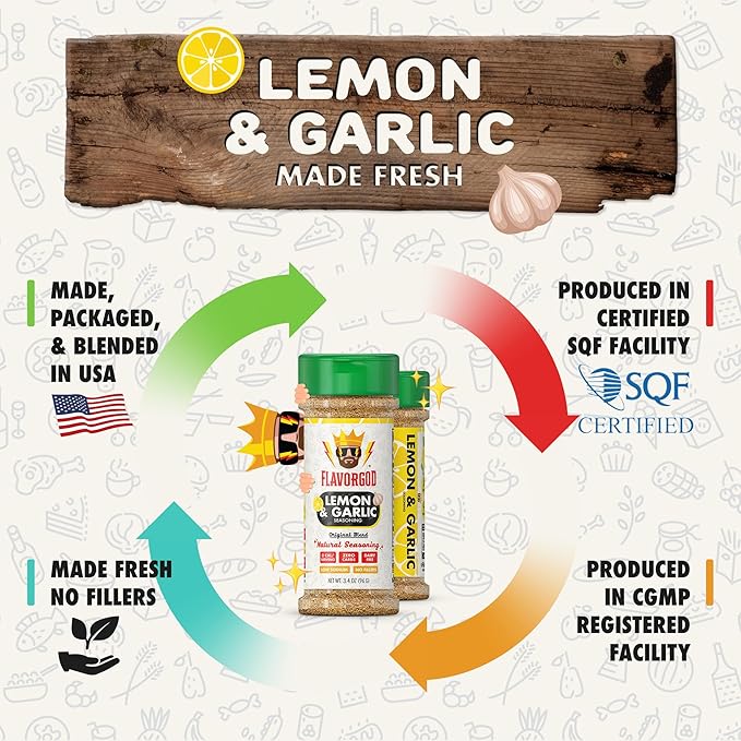 Lemon Garlic Seasoning Mix, 2 Bottles by Flavor God - Premium All Natural & Healthy Spice Blend for Chicken, Seafood & Vegetables - Kosher, Low Sodium, Gluten-Free, Vegan & Keto Friendly