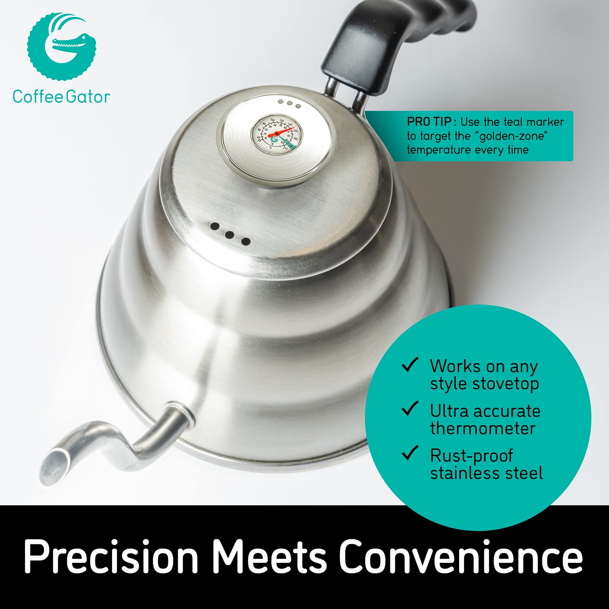 Coffee Gator Gooseneck Kettle with Thermometer - 40oz Premium Stainless Steel Pour Over Coffee