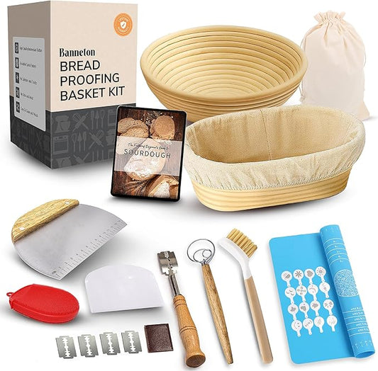 Trailblaze Banneton Bread Proofing Basket Set ??Complete Sourdough Bread Baking Supplies ??Sourdough Starter Kit ??Sourdough Proofing Basket Gift for Bakers - Bread Baskets (9" Round & 10" Oval)