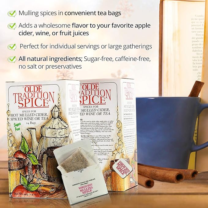 Olde Tradition Spice: Mulling Spices in Tea Bags for Apple Cider, Mulled Wine, Glühwein, Hot Toddy Holiday Drink - Sugar-Free & Caffeine-Free - 24 Count