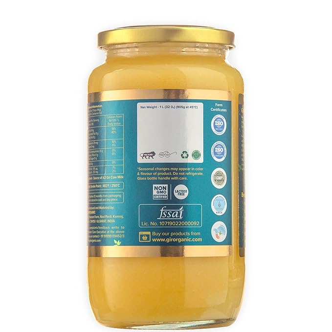 GirOrganic Grass Fed A2 Ghee| Clarified Butter (32 Oz) - Unsalted Gir Cow Ghee Butter - Organic Ghee Oil - Pasture Raised, Lactose-Free 32 Oz