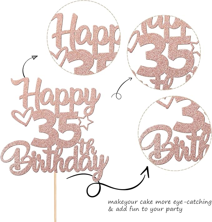 1 Pack Happy 35th Birthday Cake Topper Glitter Heart Star 35 Fabulous Cake Pick Birthday Sign Cake Decorations for Children 35th Birthday Theme Party Supplies Rose Gold