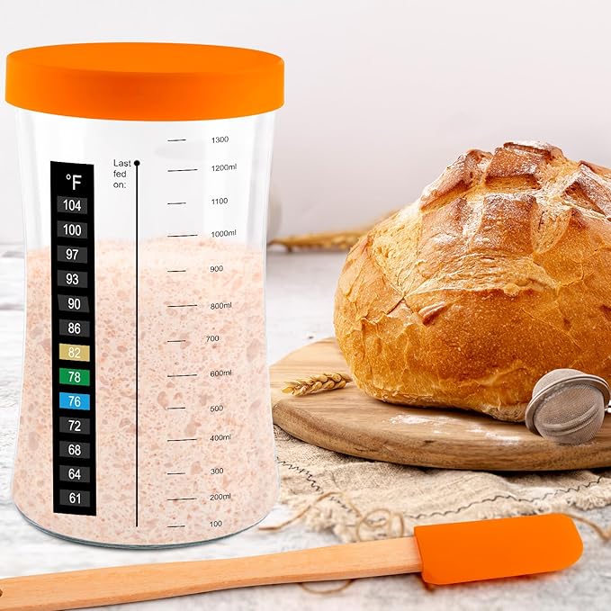 50 OZ Sourdough Starter Jar with Thermometer, Scraper, Cloth Cover and Lid. Reusable Sourdough Jar Kit Use for Home Bakery