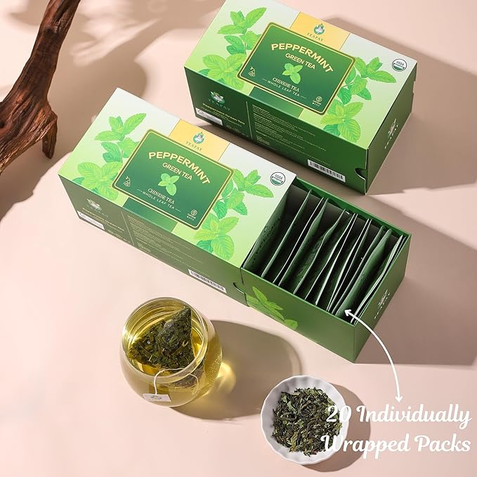 TEAFAY Organic Peppermint Green Tea ??20 Count (40 Cups), 100% Natural, Handpicked, Whole Leaf Pyramid Tea Bags, Individually Wrapped, Refreshing Minty Aroma, Caffeinated, Eco-Friendly