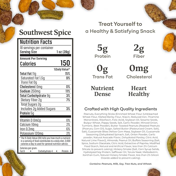 Belmont Peanuts Southwest Spice Bar Mix, 18 oz (1 Pack) ??Virginia Peanuts, Buffalo Nuts, Everything Sticks, Smoked Almonds and Guacamole Bits ??Simple Ingredients, No Preservatives, Hand Seasoned