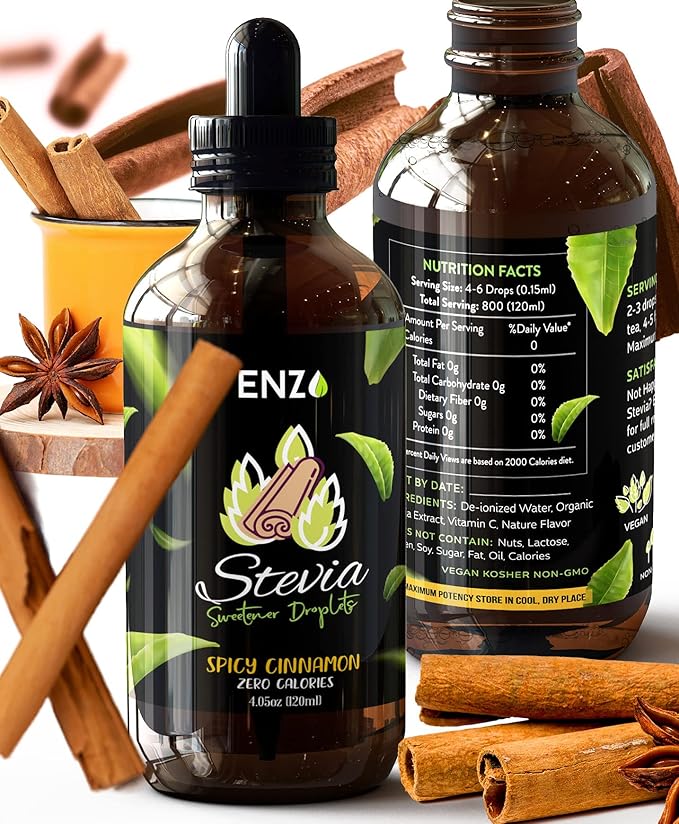 Enzo Liquid Stevia Drops Our Zero Calories Sweetener (4oz - 800 Servings/Bottle) - Cinnamon - All Natural flavoring with No Artificial Additives & Filler Ingredient