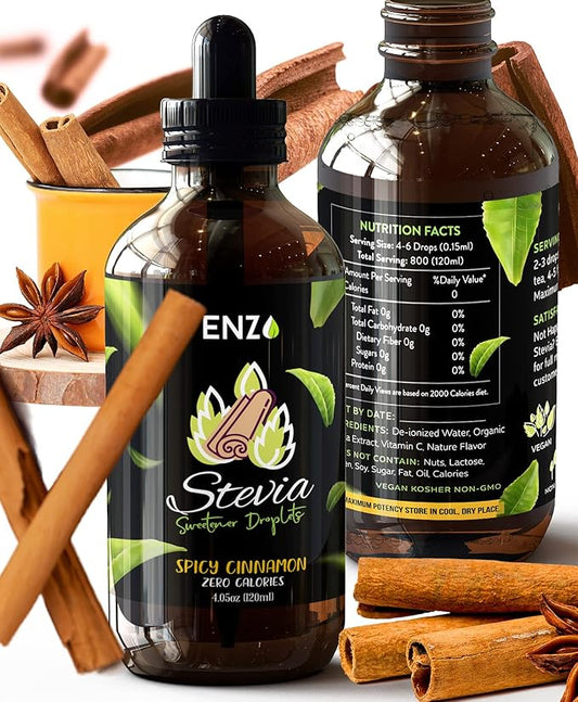 Enzo Liquid Stevia Drops Our Zero Calories Sweetener (4oz - 800 Servings/Bottle) - Cinnamon - All Natural flavoring with No Artificial Additives & Filler Ingredient