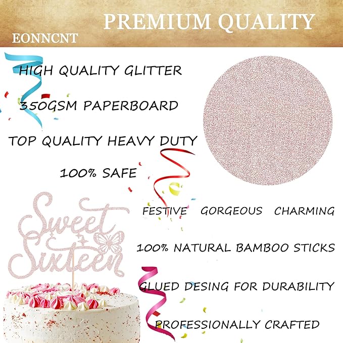 Sweet Sixteen Cake Topper - Rose Gold Glitter Butterfly Theme Sweet 16 Birthday Cake Decorating Supplies for Girls, Sweet 16 Cake Topper for Happy 16th Birthday Party Supplies Photo Booth Props