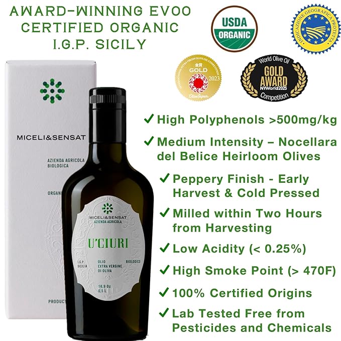 Fruity Medium Organic 500+ mg/kg Polyphenols Rich Italian Extra Virgin Olive Oil from Italy, 2025 Gold Award, High Antioxidants Peppery Finish, Sicily Certified Origins, Cold Pressed - 16.9 fl oz