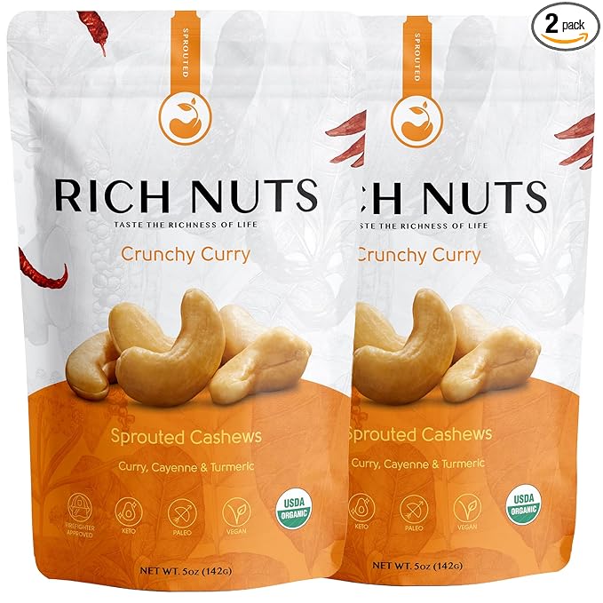 Rich Nuts Crunchy Curry Gourmet Sprouted Cashews | Vegan, Paleo, Keto | Curry Powder, Cayenne Pepper, Turmeric and Sea Salt | Non-Roasted, Dehyrdated, Germinated, Raw and Whole | 5 Oz Bag (2 Pack)