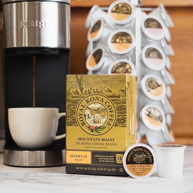 Royal Kona Coffee Mountain Roast, 10% Kona Coffee Blend, Medium-Roast Single-Serve Coffee Pods, Compatible with Single Serve Brewing Systems, A Taste of Aloha - (12 Count Box)