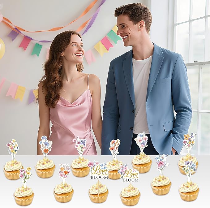 24 Pcs Love is in Bloom Cupcake Toppers, Love in Bloom Bridal Shower Cupcake Decorations, Flower Theme Party Supplies, Engagement Wedding Cake Party Decor