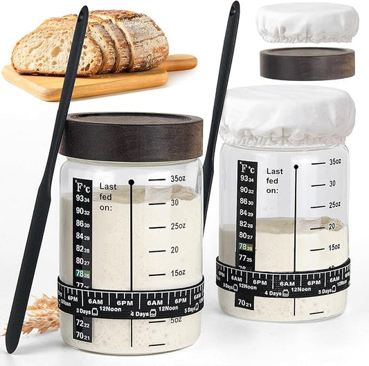 77L 2 Pack Sourdough Starter Jar, 35 oz Sourdough Starter Kit with Date Marker Feeding Band, Thermometer, Food-Grade Scraper, Cloth Cover and Acacia Wood Lid, Sourdough Bread Baking Supplies