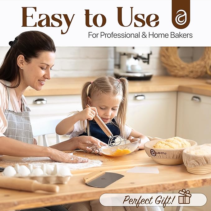 Sourdough Bread Making Kit - 9??Round & 10??Oval Banneton Proofing Baskets, Danish Dough Whisk, Bread Lame (5 Blades), Bench & Bowl Scrapers, Linen Liners - Complete Bread Making Tools