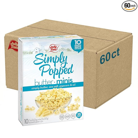 Jolly Time Simply Popped Butter Minis, Lightly Salted Microwave Popcorn, 1.5oz Personal Bag, 10 Bags Per Carton (1.5 Ounce (Pack of 60))