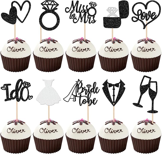 30 PCS Bride to Be Cupcake Toppers Glitter Miss to Mrs I Do Love Heart Ring Cupcake Picks Wedding Bridal Shower Cake Decorations for Wedding Engagement Bachelorette Party Supplies Black