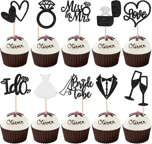 30 PCS Bride to Be Cupcake Toppers Glitter Miss to Mrs I Do Love Heart Ring Cupcake Picks Wedding Bridal Shower Cake Decorations for Wedding Engagement Bachelorette Party Supplies Black