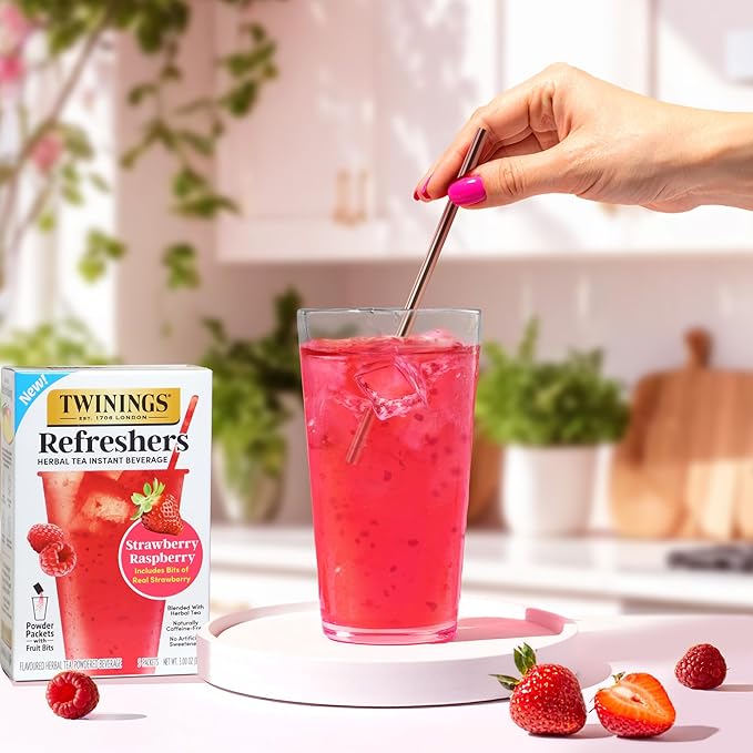 NEW Twinings Strawberry Raspberry Refreshers, Herbal Tea Instant Beverage with Real Strawberry Fruit Bits, 5 Count (Pack of 1), Café Style, No Artificial Sweeteners, Naturally Caffeine-Free, 5 Packets